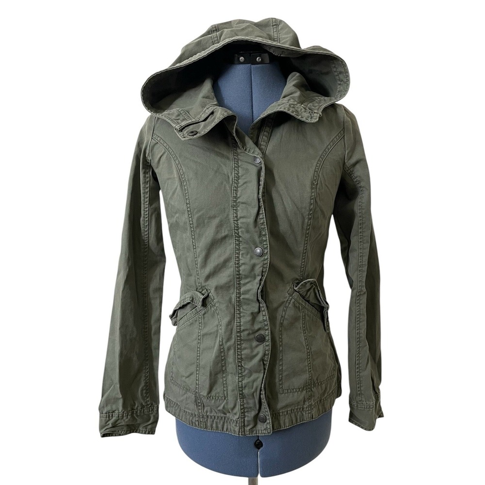 VTG Abercrombie & Fitch Womens Army Green Snap Hooded Barn Utility Jacket Y2K XS